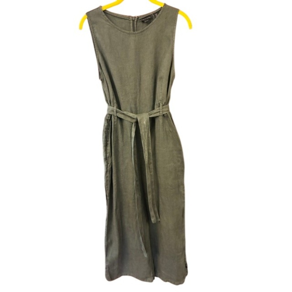 Tahari Jumpsuit Women 4 Green Excellent Sleeveless Belted 100% Linen Wide Leg